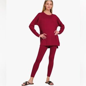 Zenana lounge all day crew long sleeve brushed microfiber set Cabernet small